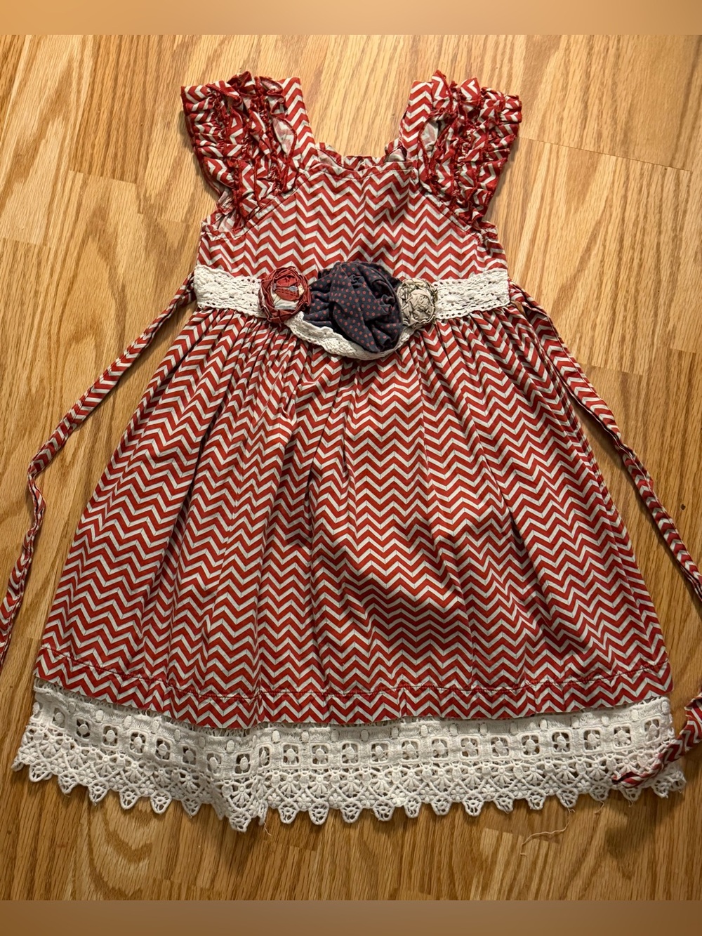 Mustard Pie Girls Dress Size 5 Red Chevron Lace Floral Boho Boutique Cotton
